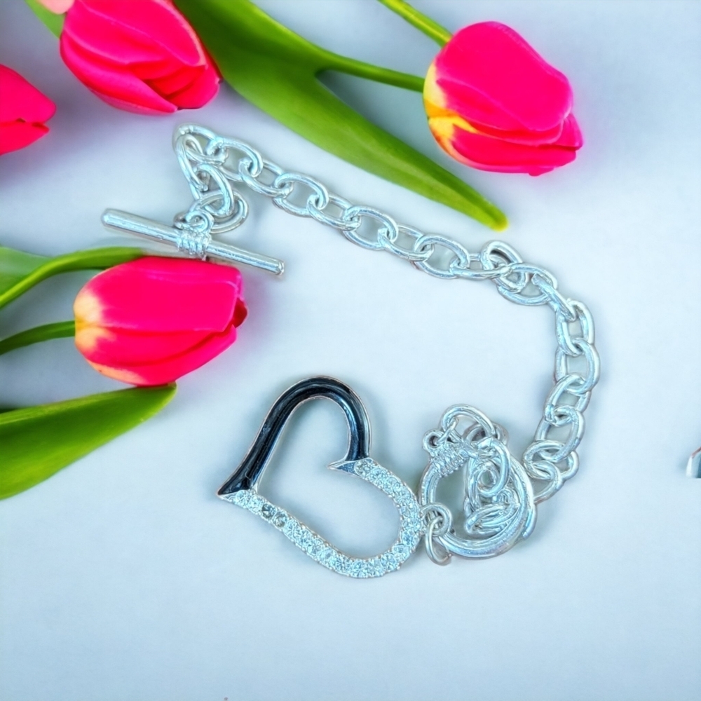 Silver and CZ Studded Heart Bracelet